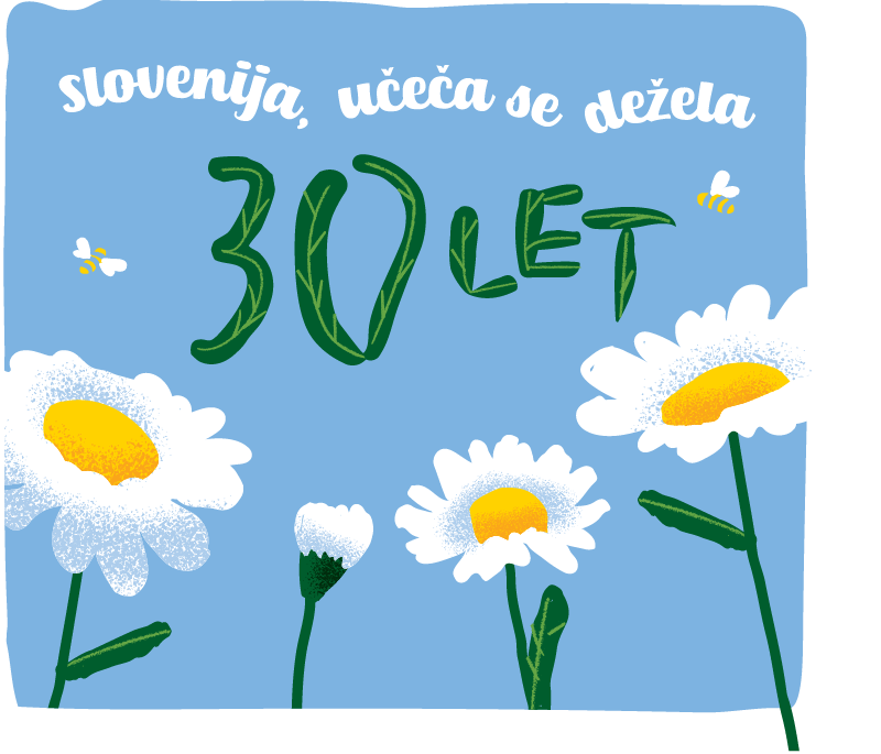Pasica z rožicami in sloganom Slovenija, učeča se dežela | 30 let