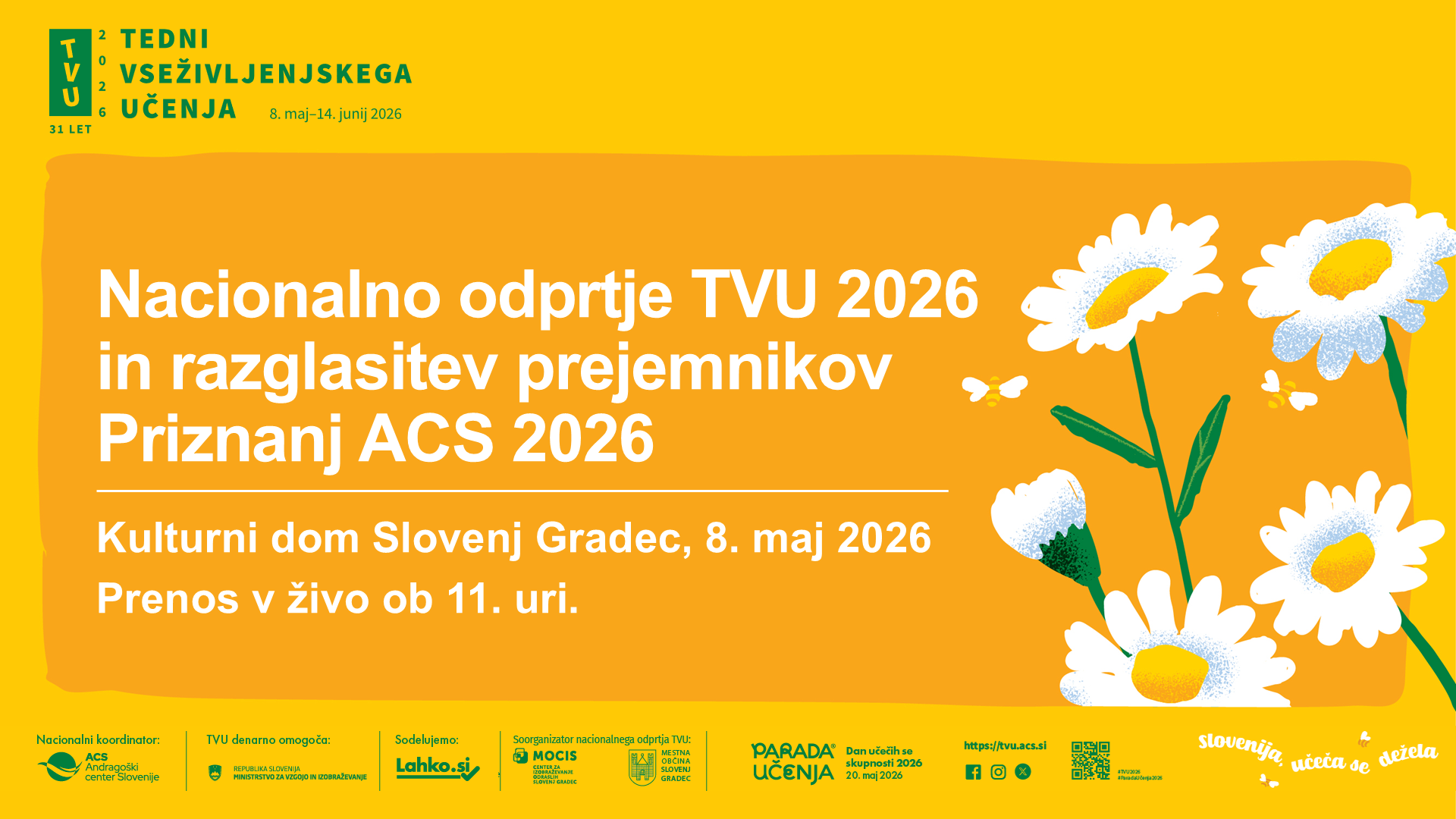 Prenos nacionalnega odprtja TVU 2026 iz Kulturnega doma Slovenj Gradec bo v živo 8. maja 2026 ob 11. uri. 